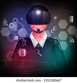 vector illustration of man wearing VR virtual Reality headset glasses and experiencing futuristic cyberscape technology