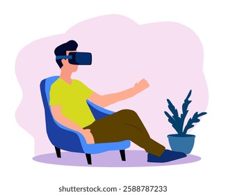 Vector illustration of a man wearing a VR headset, sitting in a chair and exploring virtual reality. Modern technology, gaming, and futuristic experience concept