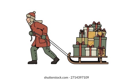 Vector illustration of a man wearing winter clothes pulling a sleigh full of wrapped gift boxes. Ideal for Christmas, holiday delivery, winter logistics, festive season, and traditional gift transport