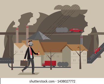 Vector illustration of a man wears mask to pass through an area in heavy air pollution