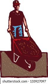 Vector illustration of man with wheelbarrow full of soil