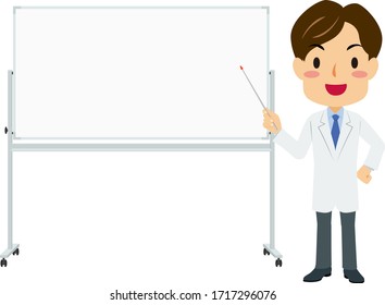 Vector illustration of a man in white coat holding a pointing stick in front of a whiteboard.