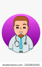 Vector illustration of a man in a white medical coat on a purple round background