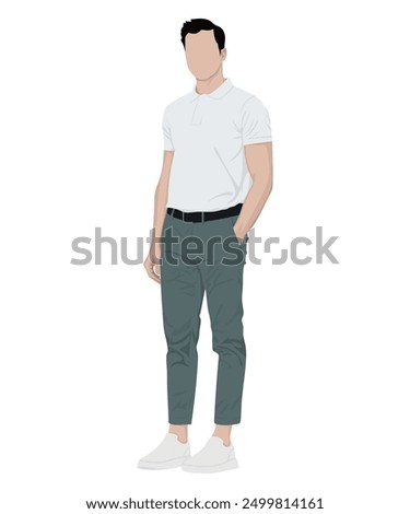 Vector illustration of a man in a white polo shirt and dark green pants. Minimalistic casual