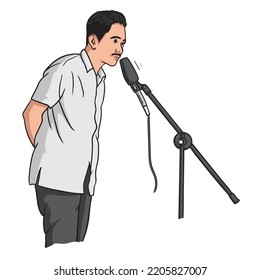 vector illustration, a man in a white shirt is speaking using a mic, isolated on a white background
