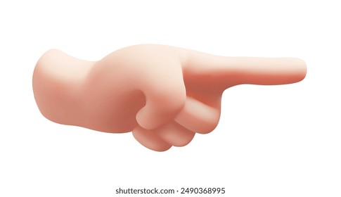 Vektorillustration von MAN WHITE SKIN Hand Zeige die Geste nach rechts auf weißem Hintergrund. 3D-Stil-Design der Vorderfinger-Punkt-Geste-Männerhand für Web, Banner, Poster, Druck