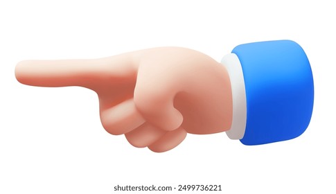 Vector illustration of man white skin hand point gesture to left on white color background. 3d style design of fore finger point gesture male hand in sleeve for web, banner, poster, print