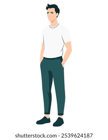 Vector illustration. A man in a white T-shirt and dark trousers, stands in a relaxed pose, his hands are down.