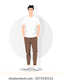 Vector illustration. A man in a white t-shirt and brown pants. Understated style, simple light background with circular accent.