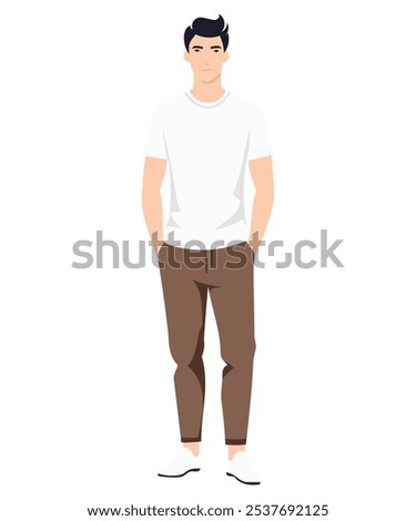 Vector illustration. Man in a white T-shirt and brown trousers.
