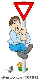 vector illustration of a man who is afraid of a mouse