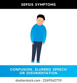 Vector illustration of a man who can hardly stand on his feet.
A person with symptoms of disorientation. Symptoms of sepsis. Illustration for medical articles, posters.