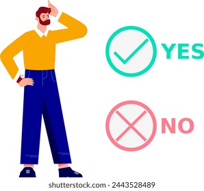 Vector Illustration Of A Man Who Is Confused Whether To Choose Yes Or No