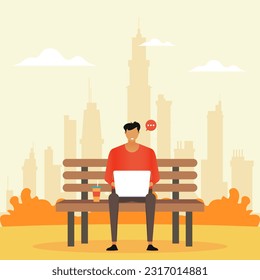 Vector illustration of a man who is doing office works in the park for business purpose