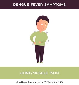 Vector illustration of a man who, due to pain, holds his right side with his hand. The person experiences unusual muscle pain, joint pain. Dengue fever symptoms. Illustration for medical articles. 