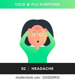 Vector illustration of a man who is experiencing a severe headache. The girl is holding her head with both hands because of pain. Flu or cold symptoms.