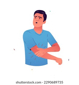 Vector illustration of a man who is experiencing pain in his elbow. The man's pain in his arm does not subside. The man cannot bend his arm. Symptoms of neuropathic pain, arthritis, infection, cancer.