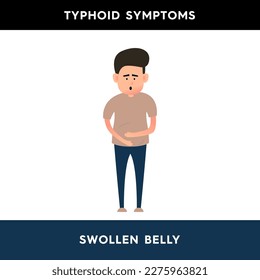 Vector illustration of a man who has bloating. Problems with the gastrointestinal tract, flatulence. Symptoms of typhoid fever. Illustration for medical articles, posters.