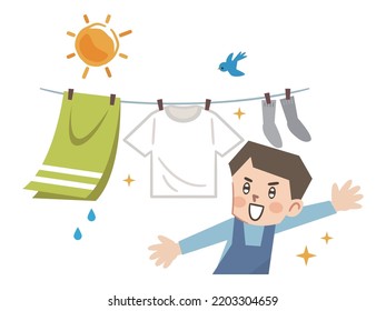 Vector illustration of a man who is pleased with the weather for washing