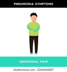 Vector illustration of a man who put his hands on his stomach because of pain. A person with symptoms of pneumonia suffers from abdominal pain. Pneumonia symptoms. Illustration for medical articles.