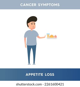 Vector illustration of a man who refuses to eat. The person does not feel hungry. The man does not want to eat because of loss of appetite. Cancer symptoms. Illustration for medical articles, posters.