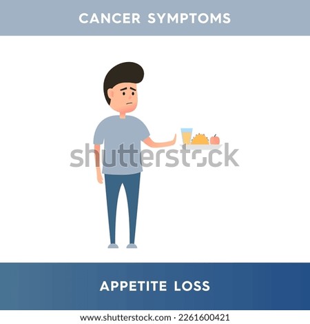 Vector illustration of a man who refuses to eat. The person does not feel hungry. The man does not want to eat because of loss of appetite. Cancer symptoms. Illustration for medical articles, posters.