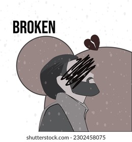 vector illustration of a man who is sad because of the loss of someone he loves while feeling broken