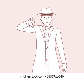 Vector illustration of a man who shows a gesture of disagreement and negative emotions on his face. Men detective cartoon art