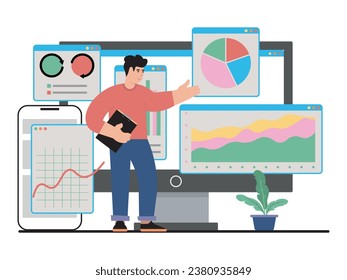 vector illustration with a man who shows a digital business activities