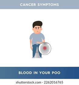 Imagen vectorial de un hombre sentado en el inodoro sosteniendo su mano en el estómago. Sangre en poo. Síntomas de cáncer, hemorroides, enfermedad de Crohn. Ilustración de artículos médicos, afiches, puestos 