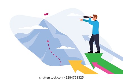 Vector illustration of a man who succeeds. Cartoon scene with a man looking through binoculars at a mountain with a red flag and reaching the top in business on white. Career growth. Business plan.