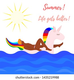 Vector illustration with man who swims on an inflatable unicorn on the sea. Vacation time. Summer card. Pool floating toys. Trendy design concept for summer fashion textile print.