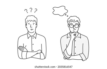 Vector illustration of man who thinks and a woman who has problems. Hand drawn vector illustration. Black and white.