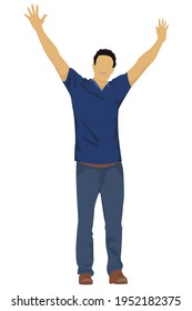 Vector illustration of a man who triumphantly raised his hands up. The portrait of happy handsome man is made in a flat style