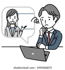 Vector illustration of a man who is in trouble after receiving an explanation online from a female instructor
