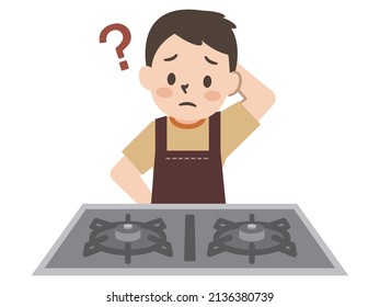 Vector illustration of a man who is in trouble because the gas stove does not catch fire