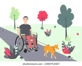 Vector illustration with a man who uses a wheelchair walking a dog. Wheelchair user with a dog.