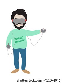 Vector illustration of a man who uses a virtual reality. The flat design of a Man playing in the virtual game.