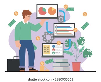ilustración vectorial con un hombre que muestra el esquema de ganancias