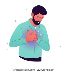 Imagen vectorial de un hombre, que tiene las manos en el pecho. Un hombre con barba bajó la cabeza, sintiendo la incómoda sensación en el pecho. Síntomas de neumonía, ataque al corazón.