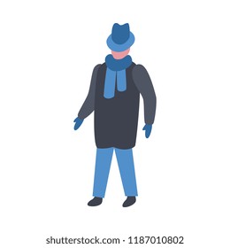 Vector illustration of man in winter clothes in flat style isolated on white background. Male character walking in warm coat and hat with scarf and mittens for seasonal design.