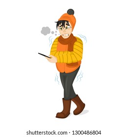 Vector Illustration of a Man in Winter Clothes Shivering Hard Because of the Cold. Freezing man tries to call a taxi. 