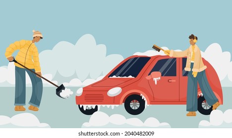 Vector illustration of a man in winter clothes cleaning snow in a car parking lot. A man sweeps snow with a brush from a car.