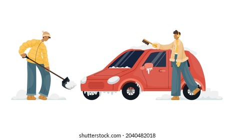 Vector illustration of a man in winter clothes cleaning snow in a car parking lot. A man sweeps snow with a brush from a car.