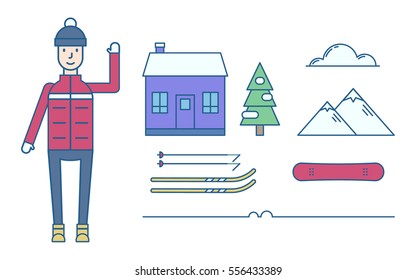 Vector illustration of the man in winter clothes, mountain chalet, snowboard and ski equipment, snowy fir trees and mountains. Winter activities and recreation topic.