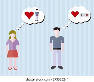 Vector illustration or man and woman (boy and girl), girl loves him, boy loves video games