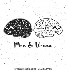 Vector illustration of man and woman brains with rays. These are iconic representations of psychology, ideas,  thoughts, strategy, memory,and partnership.