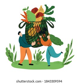 Vector illustration. A man and a woman carry a large string bag with vegetables and fruits. Eco-friendly food and eco-friendly packaging.