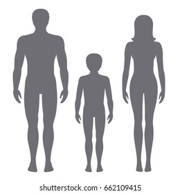 Vector illustration of man, woman and child. Body proportions of human front view silhouettes.