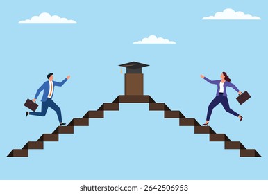 Vector illustration of a man and woman climbing stairs toward a graduation cap from opposite sides, symbolizing equal pursuit of education, ambition, and academic success
